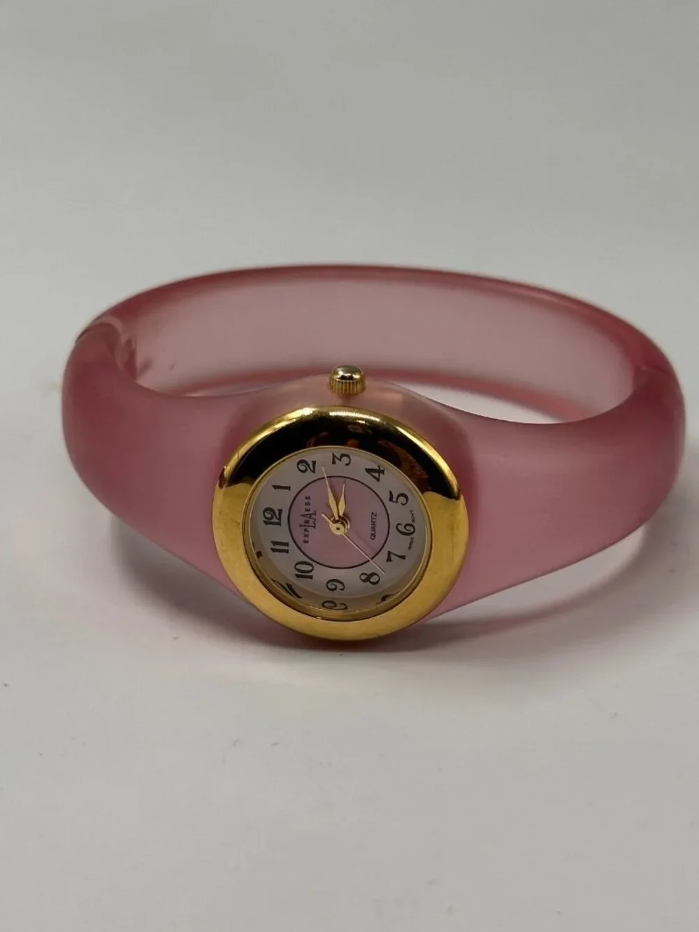 Vintage LA Express Watch Women Gold Tone Pink Lucite Band New Battery 6.75